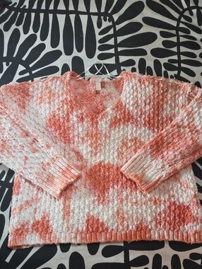 Pilcro Orange and White 100% Cotton V-Neck Tie-Dyed Sweater